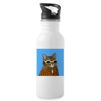 Tabby Cat in Leopard Print - Water bottle with straw - white - Right
