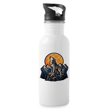 Wolf howling under the moon in the mountains - Water bottle with straw - white - Right