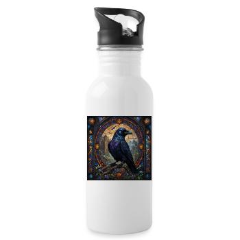 Gothischr Rabe im Bleiglasstil - Trinkflasche mit integriertem Trinkhalm - Weiß - Rechts