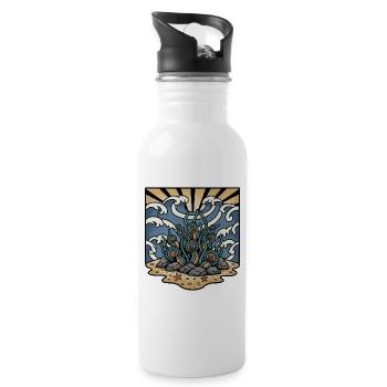 Seaweed Corals Ocean Waves Sun Retro Tattoo - Water bottle with straw - white - Right