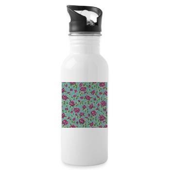 Rosa Rosen auf türkisfarbenem Hintergrund - Trinkflasche mit integriertem Trinkhalm - Weiß - Rechts
