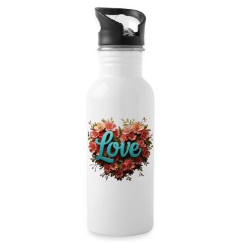 Blue Love with Floral Frame - Water bottle with straw - white - Right