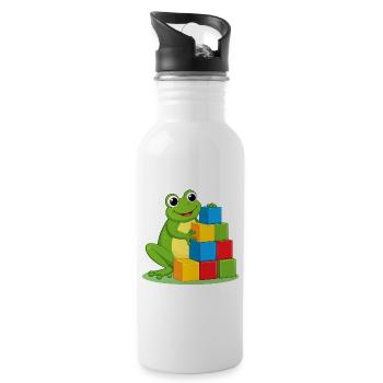 Green cartoon frog playing with colorful building blocks - Water bottle with straw - white - Right