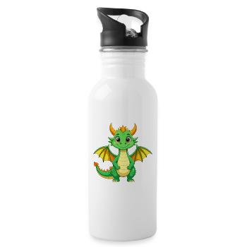 Kleiner grüner Drache mit Flügeln – Fantasy Motiv - Trinkflasche mit integriertem Trinkhalm - Weiß - Rechts