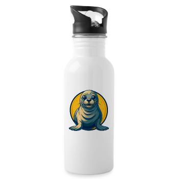 Seal Kawaii Maskottchen-Cartoon-Charakter-Clipart-Logo - Trinkflasche mit integriertem Trinkhalm - Weiß - Rechts