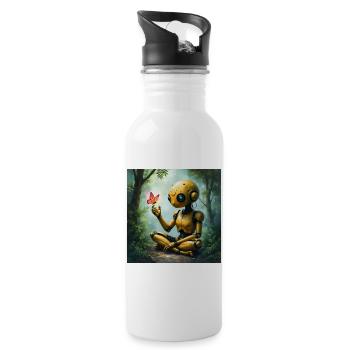 Goldener Roboter und Schmetterling im Wald - Trinkflasche mit integriertem Trinkhalm - Weiß - Rechts