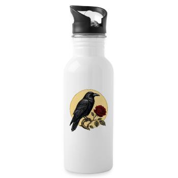 Rabe (Corvus corax) & Botanische Rote Rose - Trinkflasche mit integriertem Trinkhalm - Weiß - Rechts