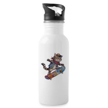 Coole Skater Katze Skateboard Design - Trinkflasche mit integriertem Trinkhalm - Weiß - Rechts