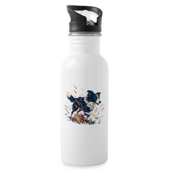Hund auf der bunten Wiese - Trinkflasche mit integriertem Trinkhalm - Weiß - Rechts