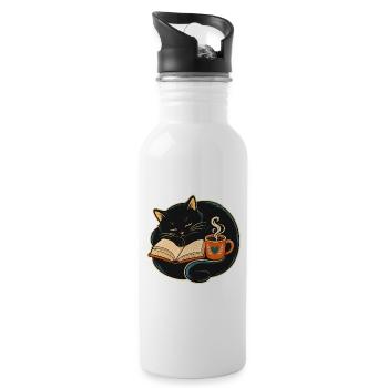 Schlafende Katze beim Lesen & Kaffee - Trinkflasche mit integriertem Trinkhalm - Weiß - Rechts