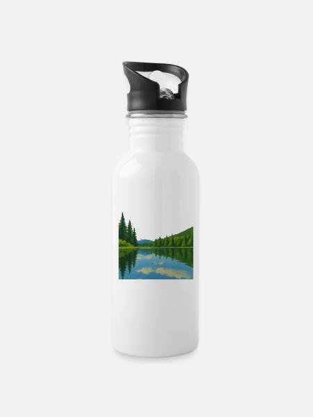 Forest reflections on a peaceful lake - Water bottle with straw - white
