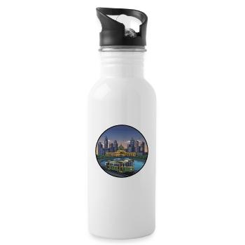 Melbourne City Skyline with Vintage Tram Sticker - Water bottle with straw - white - Right