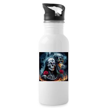 Zwillingsschädel in Flammen - Trinkflasche mit integriertem Trinkhalm - Weiß - Rechts