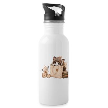 Gemütliches Kätzchen in einer Stofftasche - Trinkflasche mit integriertem Trinkhalm - Weiß - Rechts