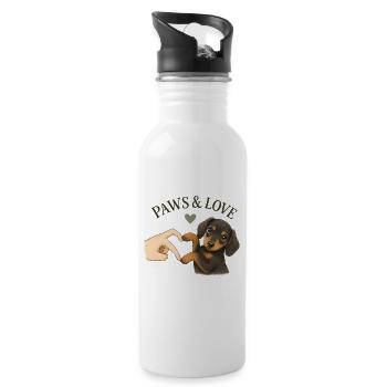 Dackel Geschenk | Süßes Hunde Design Paws & Love - Trinkflasche mit integriertem Trinkhalm - Weiß - Rechts