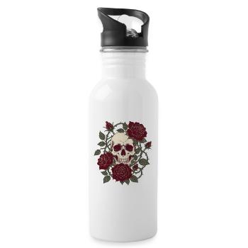 Skull & Roses – Gothic Totenkopf Blumen Design - Trinkflasche mit integriertem Trinkhalm - Weiß - Rechts