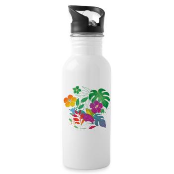 Tropical Flowers and Leaves Design - Water bottle with straw - white - Right
