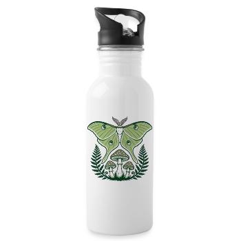 Luna Moth Mushrooms Ferns Forest Art - Water bottle with straw - white - Right