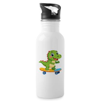 Kleiner grüner Dino auf Skateboard – Skater Spaß - Trinkflasche mit integriertem Trinkhalm - Weiß - Rechts