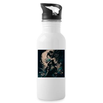 Geisha mit Fächer und Blumen - Trinkflasche mit integriertem Trinkhalm - Weiß - Rechts