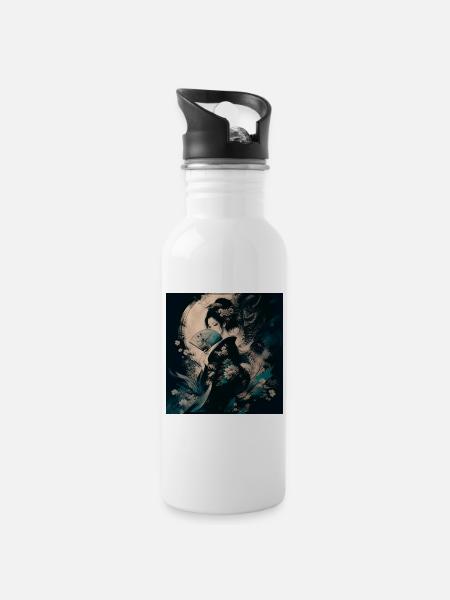 Geisha mit Fächer und Blumen - Trinkflasche mit integriertem Trinkhalm - Weiß