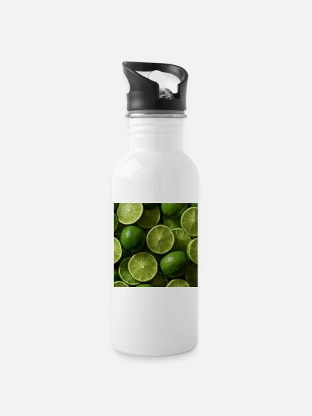 Grüne Limes im Freskomuster - Trinkflasche mit integriertem Trinkhalm - Weiß