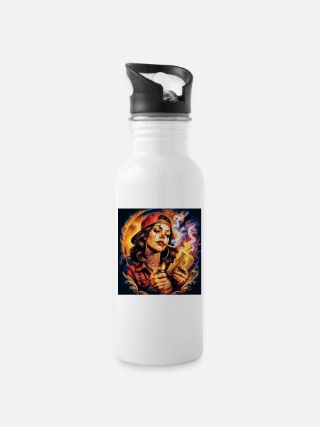 Flammende Dame mit Tattoo und Banknote - Trinkflasche mit integriertem Trinkhalm - Weiß