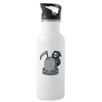 Cartoon-Sensenmann hinter einem Grabstein - Trinkflasche mit integriertem Trinkhalm - Weiß - Rechts