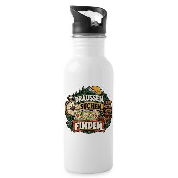 Draußen. Suchen. Finden. Geocaching / Schatzsuche - Trinkflasche mit integriertem Trinkhalm - Weiß - Rechts