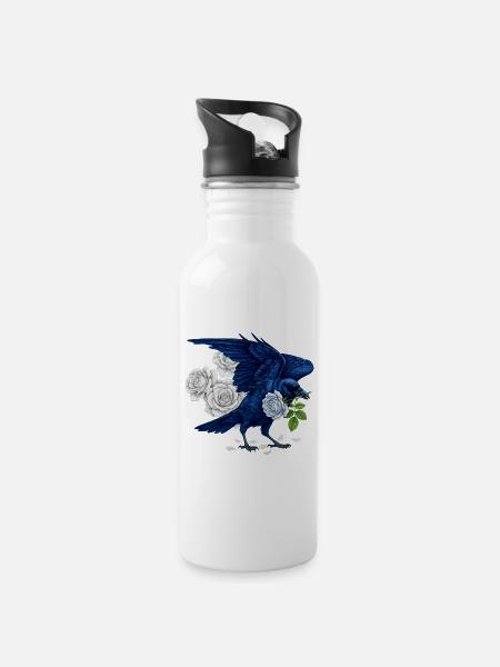 Blauer Rabe und Rosen - Trinkflasche mit integriertem Trinkhalm - Weiß