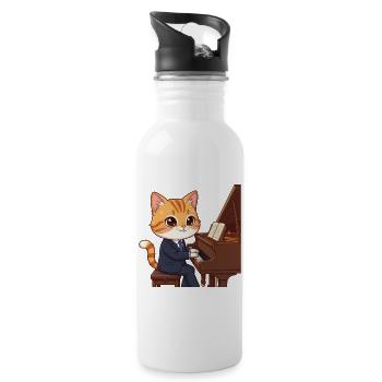 Jazz-Katze im Anzug am Klavier - Trinkflasche mit integriertem Trinkhalm - Weiß - Rechts