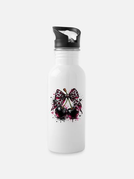 Kirschen mit Leopardenmuster - Trinkflasche mit integriertem Trinkhalm - Weiß