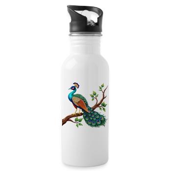 Einfacher Pfau auf Ast - Trinkflasche mit integriertem Trinkhalm - Weiß - Rechts