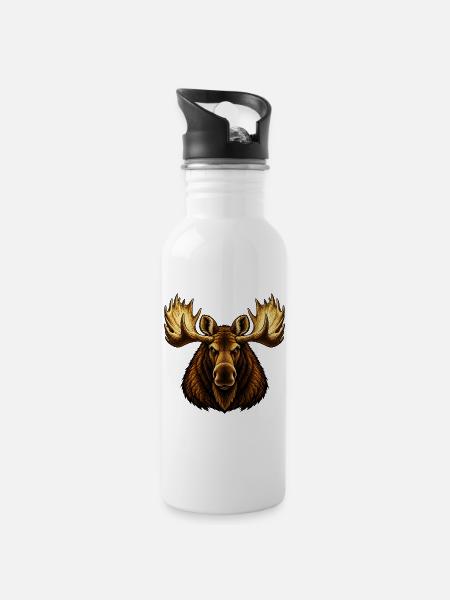 Der Elchbulle - Trinkflasche mit integriertem Trinkhalm - Weiß