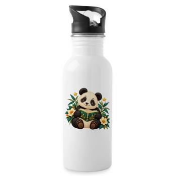 Panda-Leser unter Blumen - Trinkflasche mit integriertem Trinkhalm - Weiß - Rechts