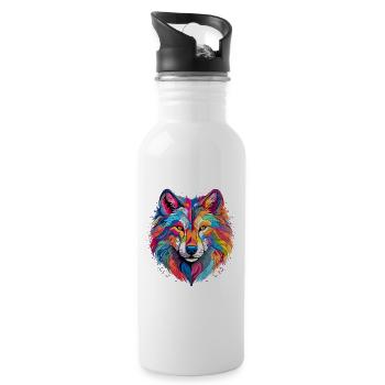 Bunter Wolf – farbiges Tiermotiv - Trinkflasche mit integriertem Trinkhalm - Weiß - Rechts
