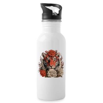 Tiger mit Blumenkrone - Trinkflasche mit integriertem Trinkhalm - Weiß - Rechts