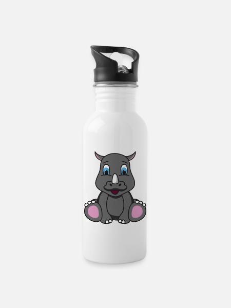 Nashorn Rhinozeros - Trinkflasche mit integriertem Trinkhalm - Weiß