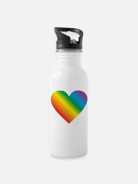 Lgbt Regenbogen Herz - Trinkflasche mit integriertem Trinkhalm - Weiß