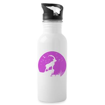 Rosa Steinbock Ibex Silhouette im Mondkreis - Trinkflasche mit integriertem Trinkhalm - Weiß - Rechts
