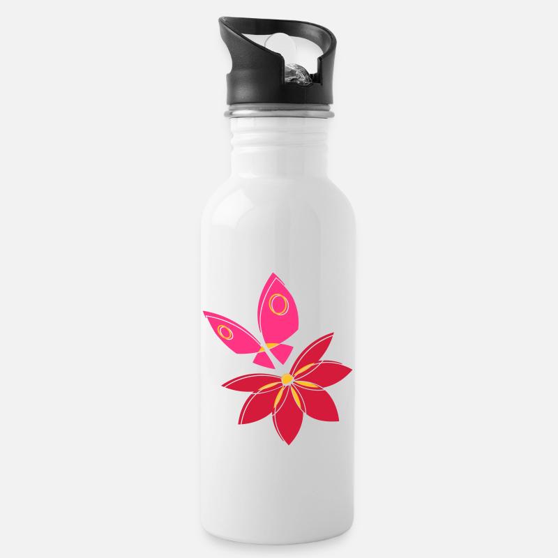 Papillon et fleur - Gourde avec paille intégrée - blanc