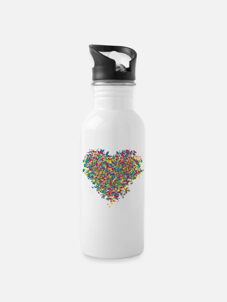 bunt leuchtendes Konfetti Herz - Trinkflasche mit integriertem Trinkhalm - Weiß