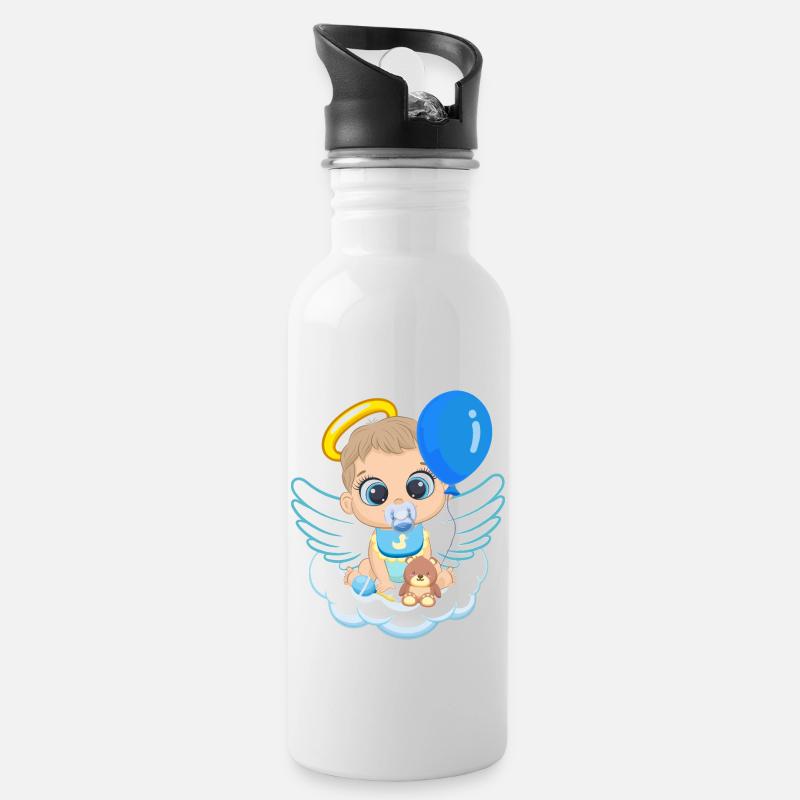 Baby Engel, Junge mit Engelsflügel, Luftballon - Trinkflasche mit integriertem Trinkhalm - Weiß