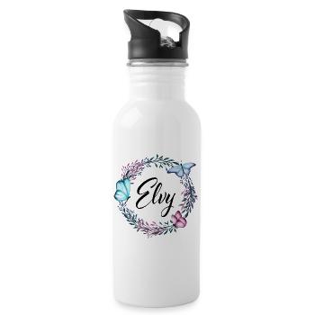 Elvy, name, lettering, flower wreath, gift - Water bottle with straw - white - Right