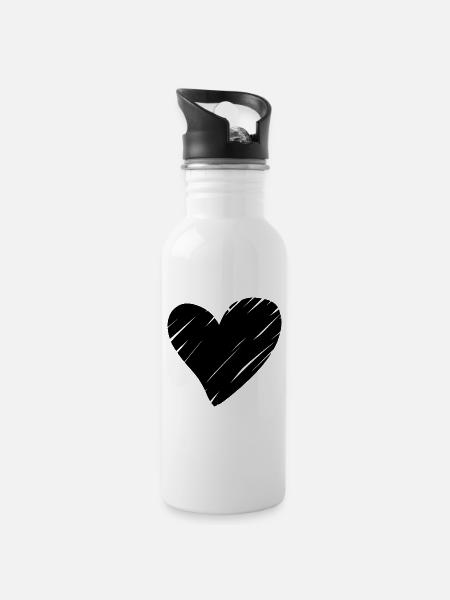 Herz Schwarz - Trinkflasche mit integriertem Trinkhalm - Weiß