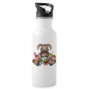 lachender Osterhase mit Osternest voller Ostereier - Trinkflasche mit integriertem Trinkhalm - Weiß - Rechts