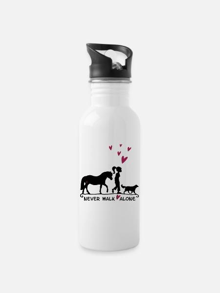 Neverwalkalone mit Pferd, Hund, Liebe - zweifarbig - Trinkflasche mit integriertem Trinkhalm - Weiß