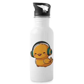 Kawaii Cute Happy Colorful Duck with Headphones - Water bottle with straw - white - Right