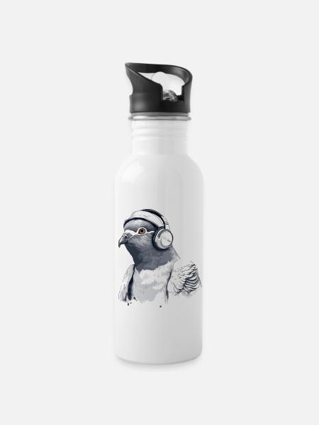 Zaki, die audiophile Taube - Trinkflasche mit integriertem Trinkhalm - Weiß