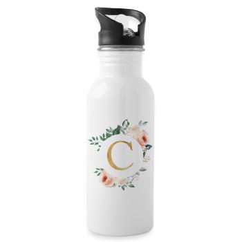 C Monogram Green, Pastel, Wreath - Water bottle with straw - white - Right